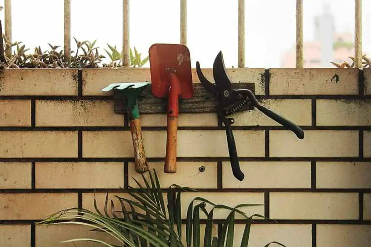 Pruning shears, flower rake, and garden spatula hanging on the brick wall