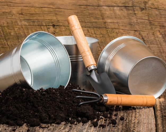 Three metal buckets, a shovel, and a pruning rake next to the soil placed on the wooden surface