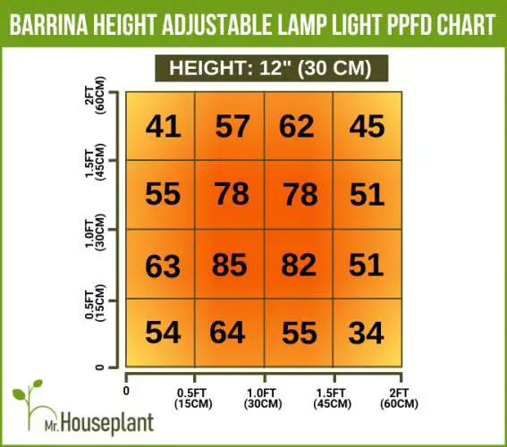 Coverage area and light output of Barrina height adjustable lamp from 12" away